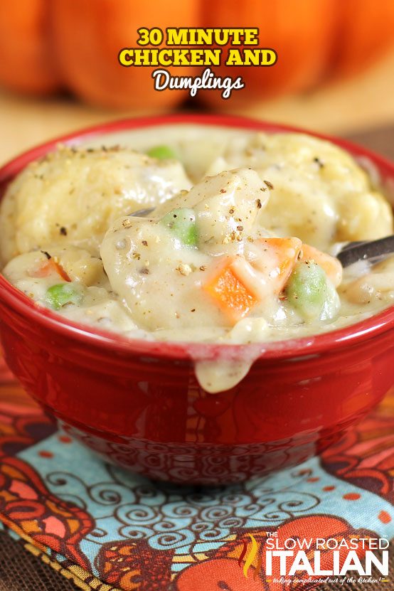 titled (shown in red bowl): 30 minute chicken and dumplings